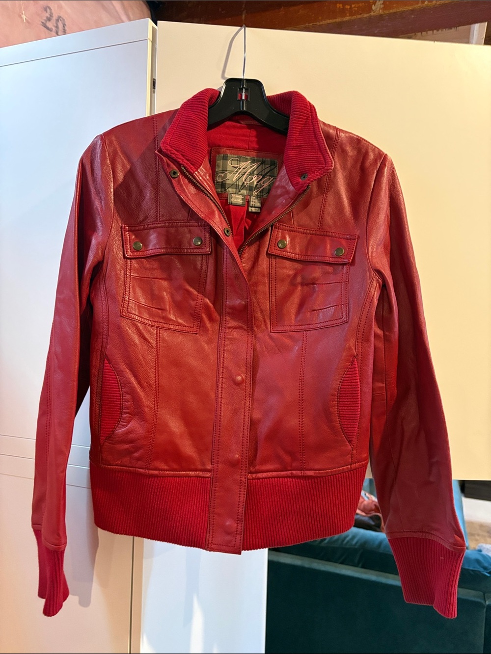 Mango Red Leather Bomber Jacket